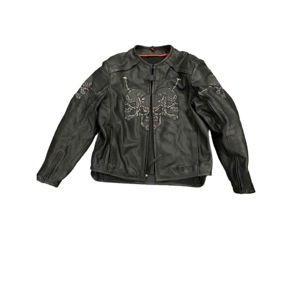 First Racing Size L Adult Black Skull Motorcycle Leather Jacket Coat